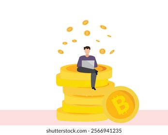 businessman sitting on bitcoin and using laptop for online funding and making investments for bitcoin. Digital Money. Cryptocurrency Investment Concept.