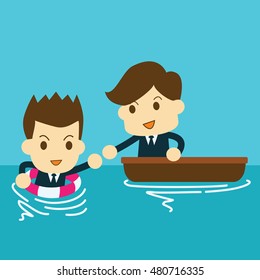 businessman sitting on a boat to help a drowning man in sea