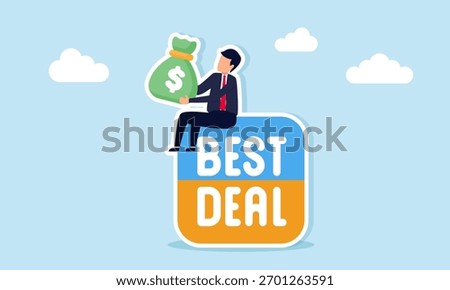 Businessman sitting on a box labeled Best Deal while holding a money bag illustration of profitable pricing to get goods from business suppliers