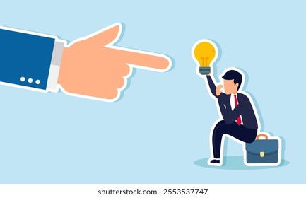 A businessman sitting on a briefcase feeling sad while handing over a lamp to a hand, illustration of reluctantly sharing business ideas and innovations with others