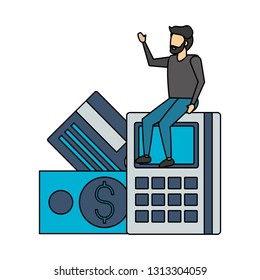 businessman sitting on calculator