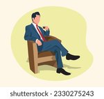 businessman sitting on a chair drinking coffee vector