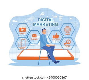The businessman is sitting on a chair holding a tablet. Accessing digital marketing technology to increase company business sales. Digital Marketing, internet marketing concept. 