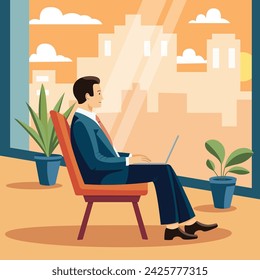 Businessman sitting on chair with laptop in hotel room looking through window on evening city. Working from hotel room. Booking hotel reservation concept vector flat illustration.