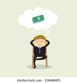 Businessman sitting on chair and thinking about dollars, VECTOR, EPS10