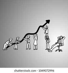 businessman sitting on the chair while his friend working vector illustration doodle sketch hand drawn with black lines isolated on gray background. Unfair business concept.