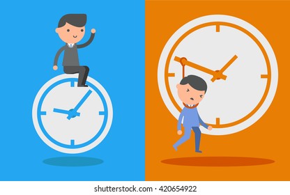Businessman sitting on clock and Businessman hangs on an arrow of clock. Business concept of time management .