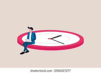 Businessman sitting on clocks, organizing time, planning tasks and scheduling. Concept of effective self organization and management control