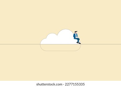 Businessman sitting on cloud. concept of creativity and innovation optimization and business process workflow development, with the network online devices data