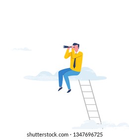 Businessman sitting on cloud, looking for new business opportunities. Modern flat design illustration.