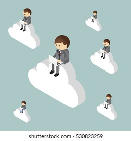 businessman sitting on cloud and working on laptop