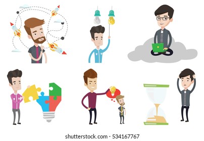 Empresário sentado em uma nuvem e trabalhando em seu laptop. Empresário usando tecnologia de computação em nuvem. Conceito de computação em nuvem. Conjunto de ilustrações de design plano vetorial isoladas sobre fundo branco.