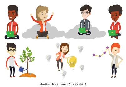 Businessman sitting on a cloud and working on his laptop. Businessman using cloud computing technology. Cloud computing concept. Set of vector flat design illustrations isolated on white background.