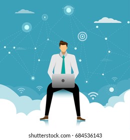 Businessman sitting on the clouds in the sky using laptop, typing messages to business partners and clients, enjoying cloud network service.