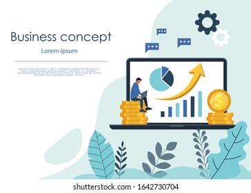 Businessman sitting on coin stack with laptop and stock market graph. Stock market investment and business analysis concept.