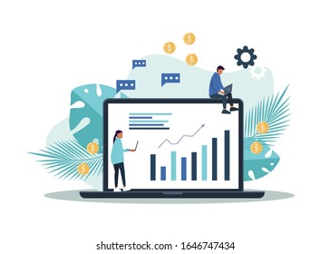 Businessman sitting on coin stack with laptop and stock market graph. Stock market investment and business analysis concept.