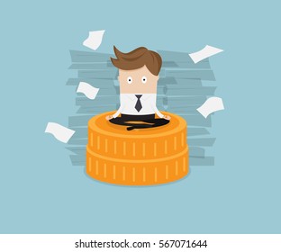 businessman sitting on coins stack vector illustration