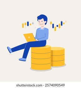 Businessman Sitting on Coins, using Laptop for Trading and Analyzing Stock Market. Represents Currency, Finance, Wealth, Passive Income, E-Commerce, Education, Innovation, And Freelance Lifestyle.