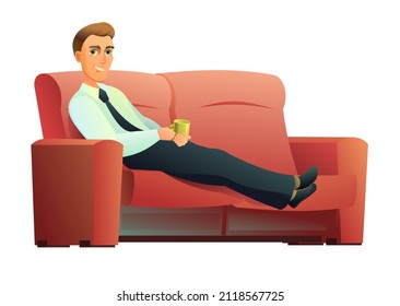 Geschäftsmann sitzt auf einem Sofa. Kaffee in der Pause trinken. Guy in Hemd und Krawatte. Männliche Figur. Fröhlicher Persönlichkeitsjunge. Cartoon lustige Art Illustration. Einzeln auf weißem Hintergrund. Vektorgrafik.