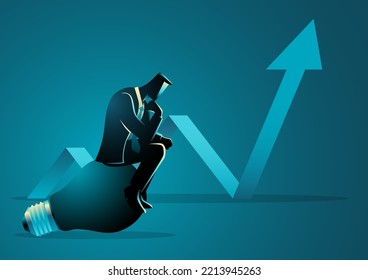 Businessman sitting on a dead lightbulb, impact of the energy crisis on the business, vector illustration