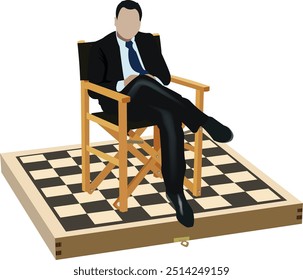 Businessman is sitting on a director chair that is placed on a giant chessboard, suggesting strategic thinking in business