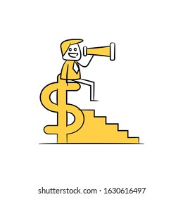 businessman sitting on dollar and using binocular, financial concept