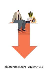 Businessman Sitting On Downward Red Arrow Recession Financial Crisis Bankruptcy Concept