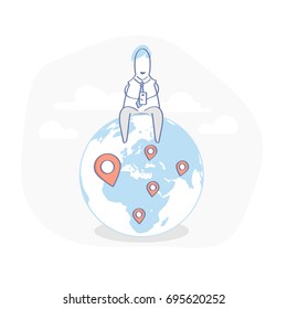 Businessman Sitting On The Earth And Working With Mobile Phone, There Are Geo Pins On The World Map. Global Business, Connection, Freelance, Remote Work, Travel Concept. Flat Line Doodle Illustration.