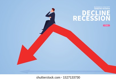 Businessman sitting on fallen arrow thinking