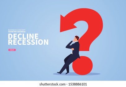 Businessman sitting on fallen arrow question mark thinking