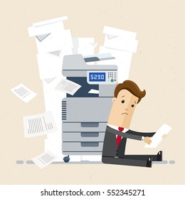 Businessman sitting on floor near printer in office. Businessman with a lot of printing document, paper. A lot of paperwork concept. Vector, illustration, flat