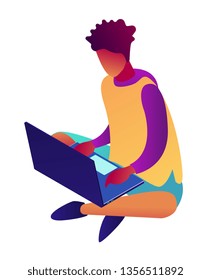 Businessman sitting on floor and working at laptop, tiny people isometric 3D illustration. Freelancer and digital marketing, designer and developer, programmer concept. Isolated on white background.
