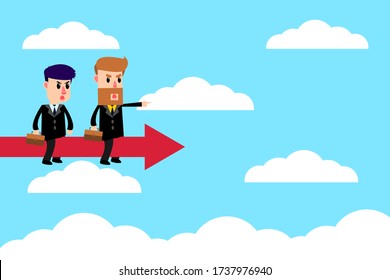 Businessman sitting on flying arrow. Leader points direction to of success. Business Concept. Vector illustration