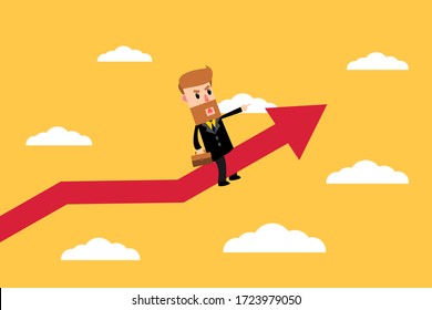 Businessman sitting on flying arrows. Leader points direction to of success. Business Concept. Vector illustration