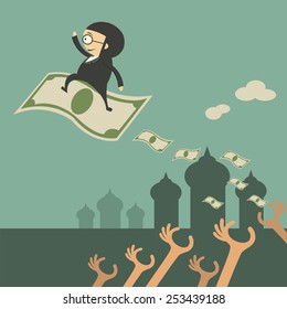 Businessman sitting on the flying carpet,