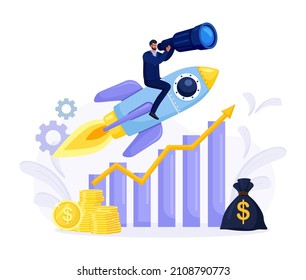 Businessman sitting on Flying Rocket, Spaceship or Spacecraft. Character Looking Through Spyglass. New Business Project Launching, Successful Start Up. Innovation Idea Research. Vector design