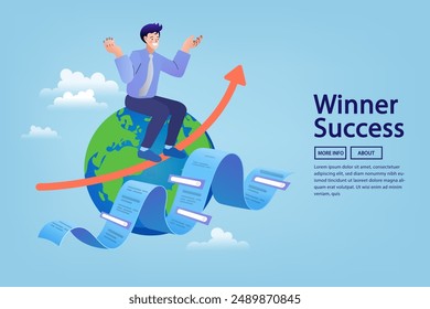 Businessman sitting on a globe. Cooperation interaction. Business success. global economy, international economics. worldwide financial system. world capital and investment. flat vectore illustration.