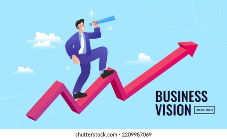 Businessman sitting on gold coin using telescope to see business future. Investment opportunity in stock market. career achievement. vision and profit. flat vector Illustration.