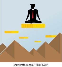 Businessman sitting on a gold coins floating mountains, Business Concept, vector