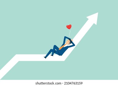 Empresario sentado en un gráfico gráfico gráfico alto, el negocio es rentable, las ganancias siguen mejorando, buen humor sin preocupaciones, concepto de diseño de ilustración vectorial en estilo plano