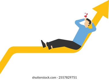 Businessman sitting on a high graph chart, business is profitable, earnings continue to improve, good mood without worries, Vector illustration design concept in flat style