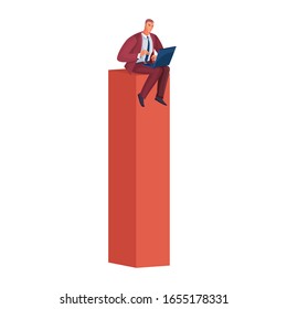 businessman sitting on a high red pillar which symbolizes success and ability to work and holds on his lap an open laptop and works in it, isolated object on a white background,