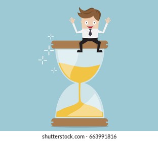 businessman sitting on hourglass, business time management concept cartoon vector illustration