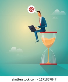 Businessman sitting on the hourglass with laptop and target icon. Business concept of time management and procrastination. Vector illustration.