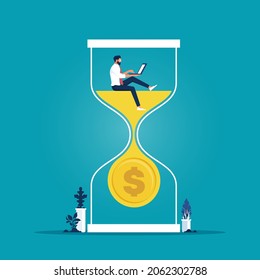 Businessman sitting on the hourglass with laptop, business concept of time management and time is money 