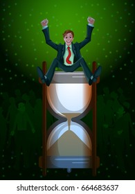 Businessman sitting on hourglass showing project task meeting deadline. Vector illustration Business Concept