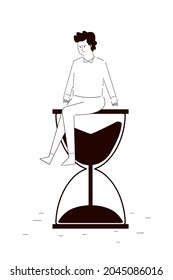 Businessman sitting on hourglass. Wasting time waiting and never start new business. Ineffective thinking or laziness concept. Depressed guy sit on time passing sandglass. Doodle vector illustration