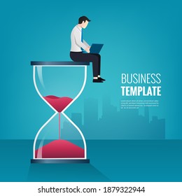 Businessman sitting on hourglass and working with his laptop. Productivity and time management vector illustration