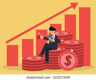 Businessman Sitting On The Huge Stack Of Coins. Successful Investor Reaching Financial Goals. 