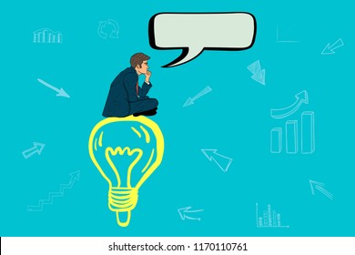 Businessman sitting on a lamp and thinking about a new idea